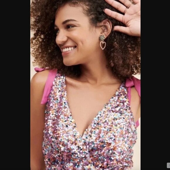 Free People Big Night Sequin Crop Top S Confetti in Pink Sparkle Barbie Surplice - Picture 1 of 10